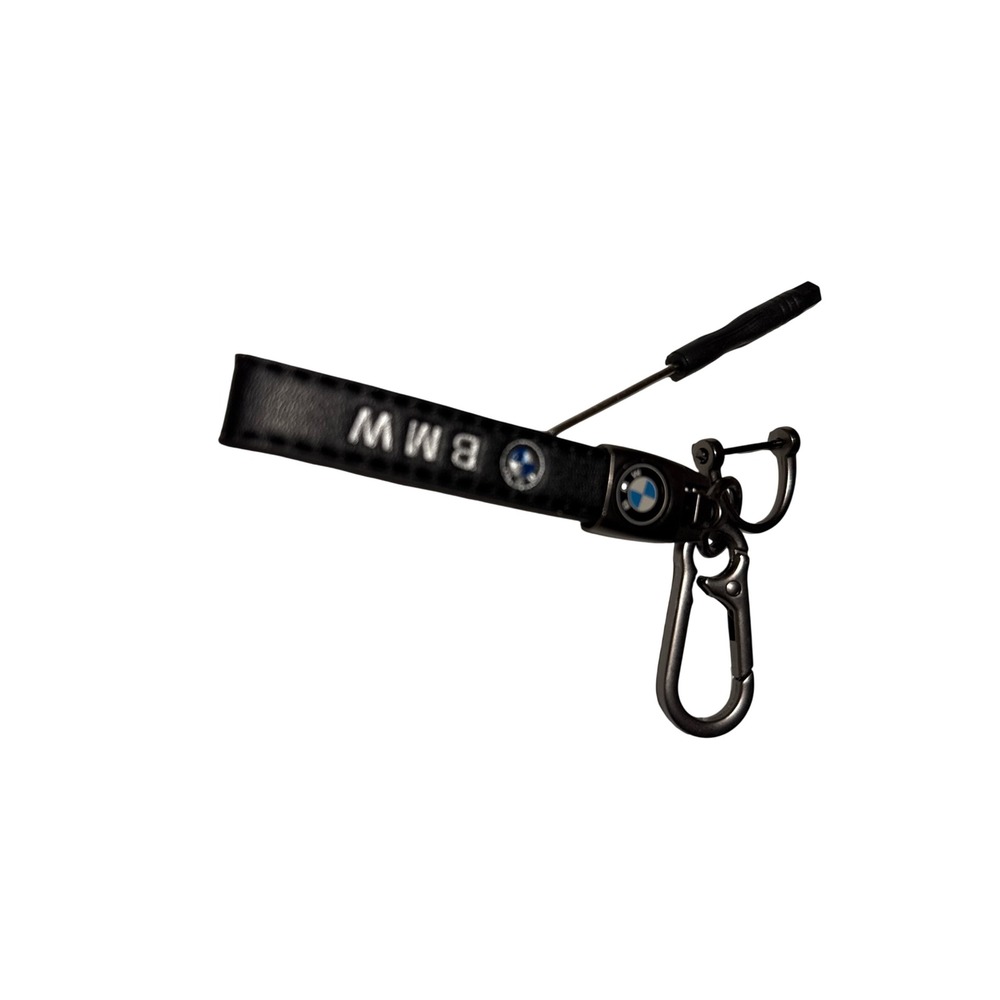 BMW Keychain Black Faux Leather Strap Carabiner D-Ring Shackle with Tool